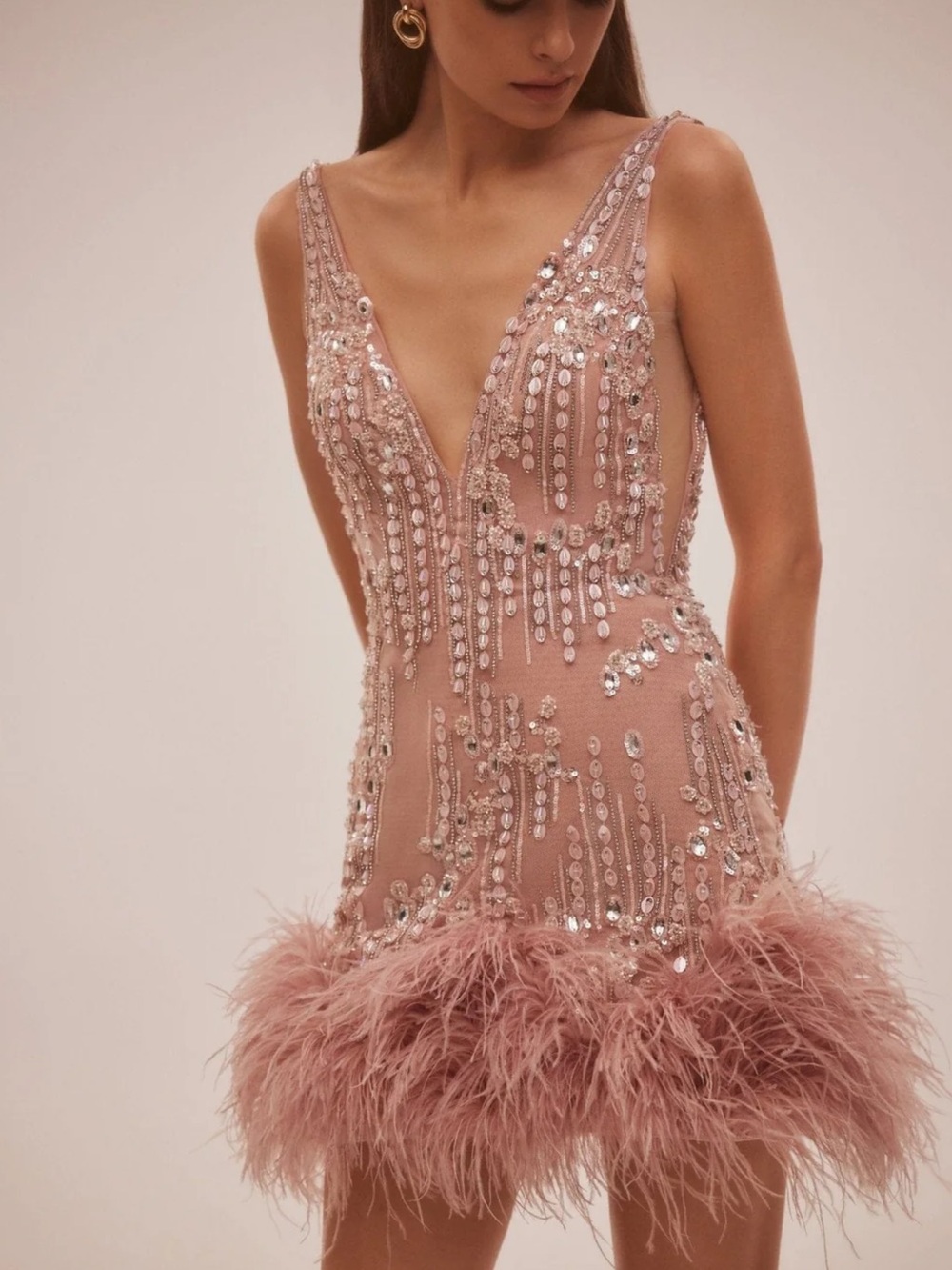 Mills Embellished Feather Hem Mini Dress in Blush Pink